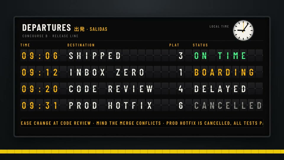 Split Flap: A mechanical station departure board whose flaps clatter through letters before spelling your launch.