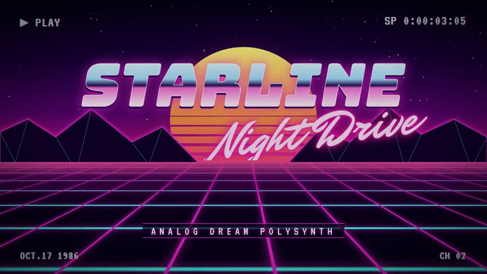 Synthwave Grid: 80s outrun: a striped neon sun, an endless scrolling grid, chrome type and VHS glitch cuts.