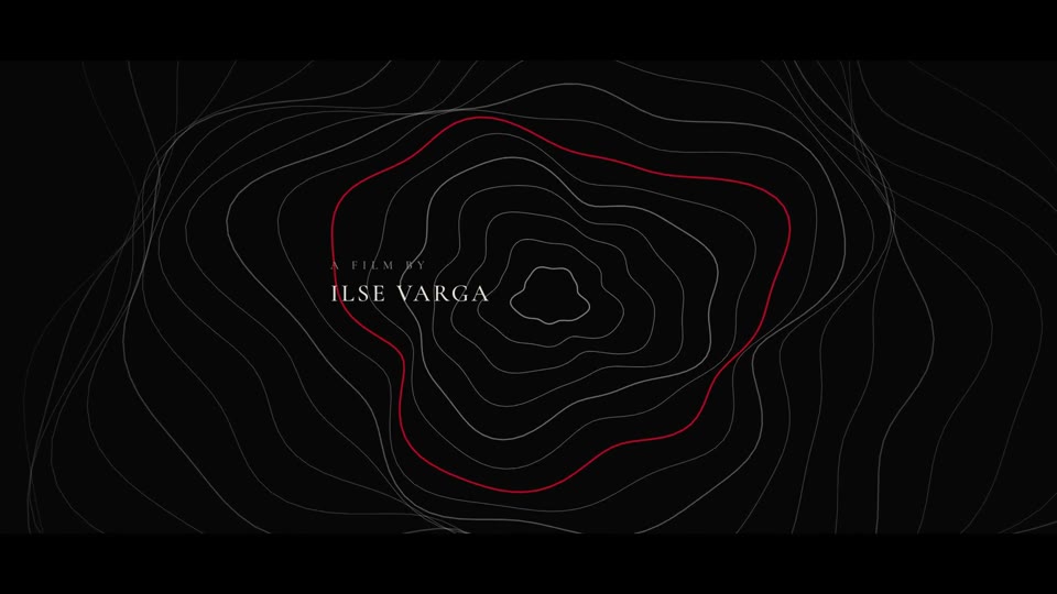 Topo Credits: Topographic contours that draw themselves, a bloom of red ink and widely spaced serif credits.